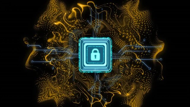 Cyan lock chip staying central black gold dots rippling lighting circuits pulsing nodes secure flow