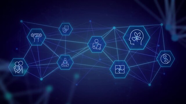 Wellness animated banner with line icons. Spiritual healing, holistic health. Outline symbols on dynamic background. Dark to light transition. HD video for website header, presentation