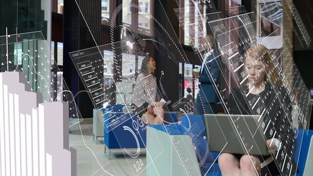 Right seated woman typing on laptop in business lobby, frames revealing HUD charts for analysis