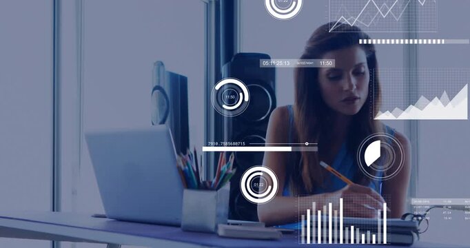 Woman reading laptop gesturing pencil writing notes, typing while HUD charts growing for analytics
