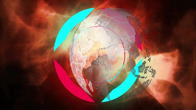 Cyan-magenta arcs appearing rings forming globe entering rotating and shifting left for news opener