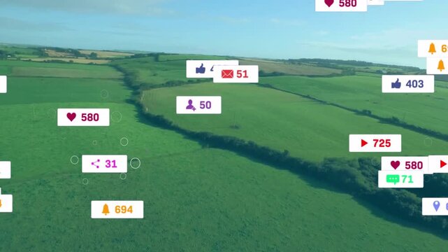 Aerial fields showing badges entering right, grouping, cursor marking farm metrics, clearing