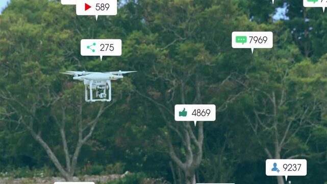 Feed starting, white drone hovering over lawn, icons appearing, clustering, showing social stats