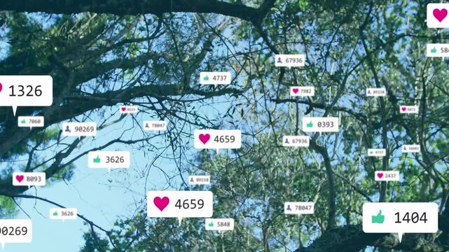 Social media badges multiplying over treetop and sky after single heart appearing, numbers rising
