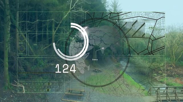 HUD appearing over trail animating globe, map readout rising then falling for forest monitoring