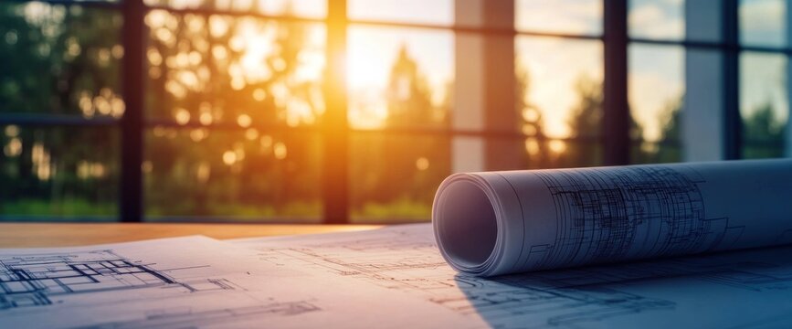 Architectural blueprints and engineering plans on a desk, bathed in warm golden light from a large window at sunset.