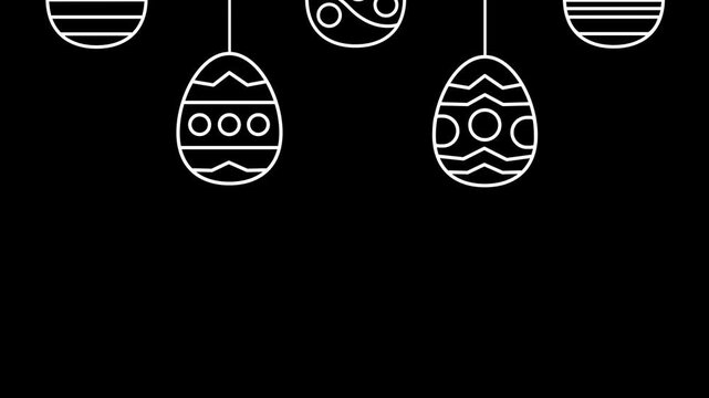 Animated eggs white icon. Decorative eggs line animation. Catholic traditional holiday. Happy easter. Isolated illustration on black background. Transition alpha video. Motion graphic
