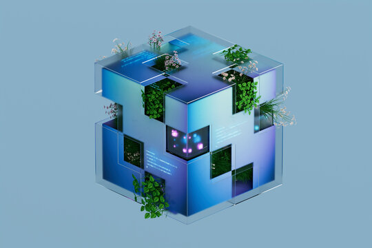 3D eco tech cube with glass frame, plant core, neon code