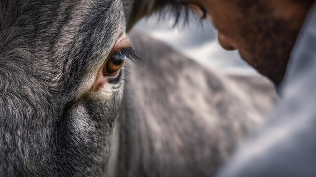 Close-up of a horse's eye. the eye is the focal point of the image, with the horse's head slightly tilted to the side. the horse's fur is a mix of grey and white, with a hint of brown.