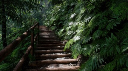 Fototapeta premium Wooden staircase in the middle of a lush green forest. the staircase is made of wooden planks and has a wooden railing on either side.