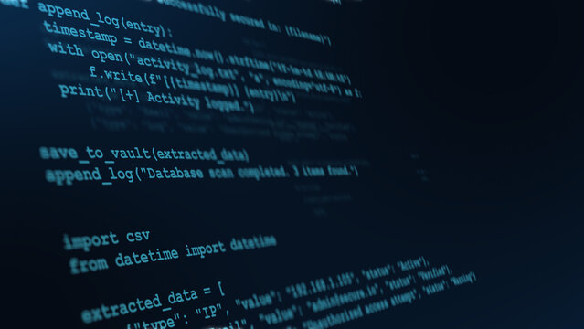 Focused programming code on dark digital screen