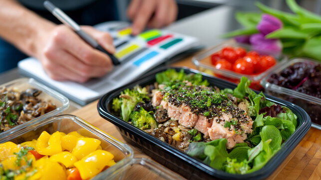 Meal prep Sunday ritual aerial view showing hands labeling containers with macronutrient breakdowns using colorful markers while recipe book and fresh International Women's Day tul