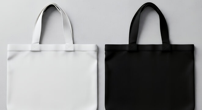 Two canvas bags white and black with black handles fabric totebag mockup template cotton eco bag reusable tote for shopping blank mock for shopper ecobag for grocery visual design elements tote bag mo