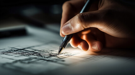 Close up of hand drawing architectural blueprint with mechanical pencil representing engineering design planning construction and creative drafting process