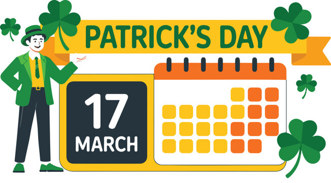 Flat decorative vector of St. Patrick&rsquo;s Day elements featuring leprechaun character, holiday banner, calendar date, and clovers cartoon style