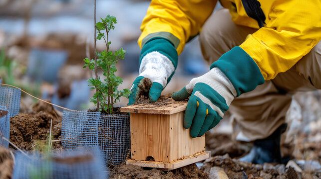 Construction volunteer secures wooden birdhouse to freshly planted oak sapling in habitat restoration site, native wildflower seeds and mesh tree guards scattered across muddy grou