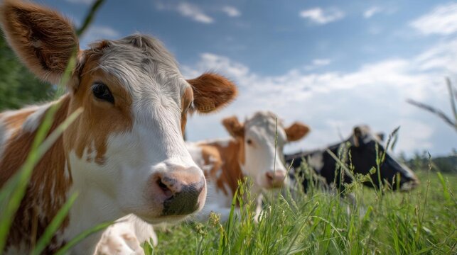 Close-up of a brown and white cow's face in a field of tall green grass. the cow is looking directly at the camera with a curious expression.
