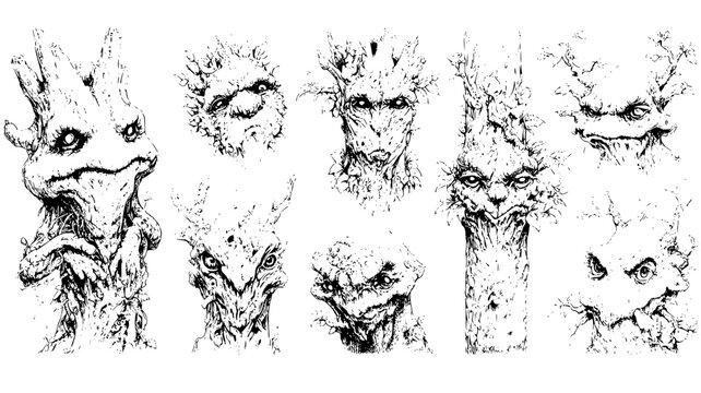 Magic forest collection featuring knotted bark faces, illustration collection