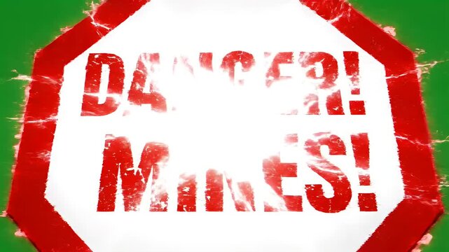 Danger Mines Sign Zooming in on Green Background Alerting