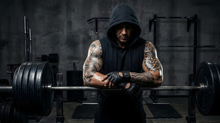 Fototapeta premium Athletic man resting in gym with heavy barbell strength concept