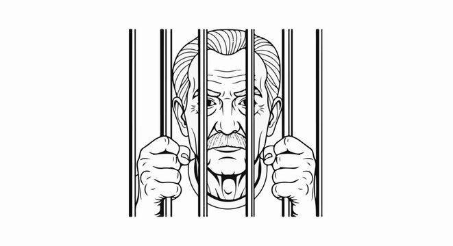 Elderly man with mustache behind bars, gripping the bars with his hands
