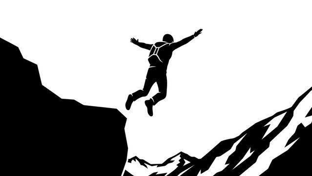 Silhouette of a man BASE jumping from a cliff edge into a mountain landscape