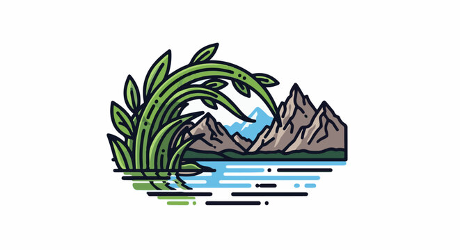 Lush green reeds bend over a tranquil lake reflecting rugged, snow-capped mountains