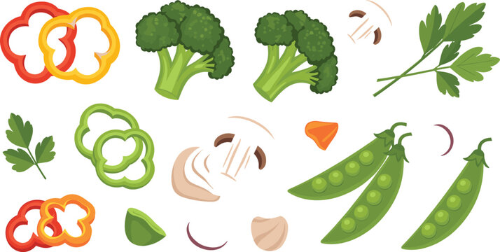 Fresh vegetables vector set with broccoli bell pepper peas mushroom and parsley healthy food illustration isolated on white background