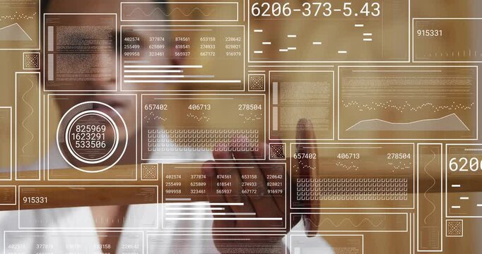 Male martial trainer holding wooden staff initiating HUD, tapping panels, scanning weapon data