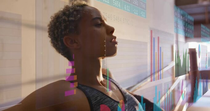 Woman leaning on bench breathing tilting chin as camera shifting showing bar charts, fitness data