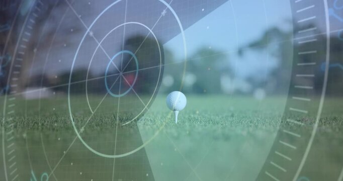 Golf ball appearing on tee, initiating HUD rotating and pulsing, driver shifting left aligning aim