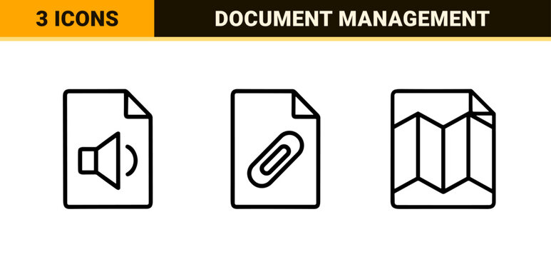 Minimalist monoline document and file type line art icons for digital interface design, cloud storage, and corporate paperwork management.
