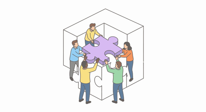 Diverse team of people collaborating to solve a complex problem by fitting a large puzzle piece into a cube structure