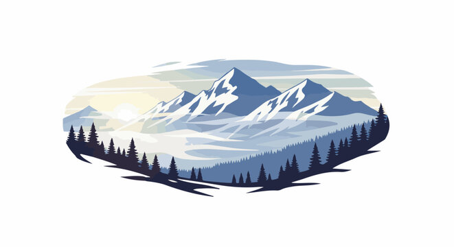 Pixelated mountain range with snow, evergreen trees, and hazy sky