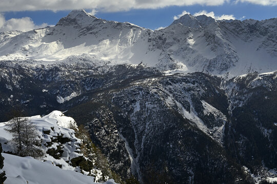 Bernina Massif from the south, Rhetian Alps. It is a high and glaciated area in the Swiss canton of Graub&uuml;nden and the Italian province of Sondrio. Highest mountain range of the Eastern Alps
