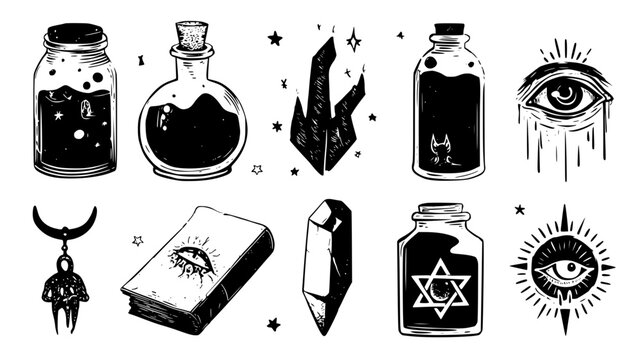 Transmutation bundle showcasing bubbling contents and symbols, illustration collection