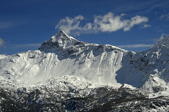 Bernina Massif from the south, Rhetian Alps. It is a high and glaciated area in the Swiss canton of Graub&uuml;nden and the Italian province of Sondrio. Highest mountain range of the Eastern Alps