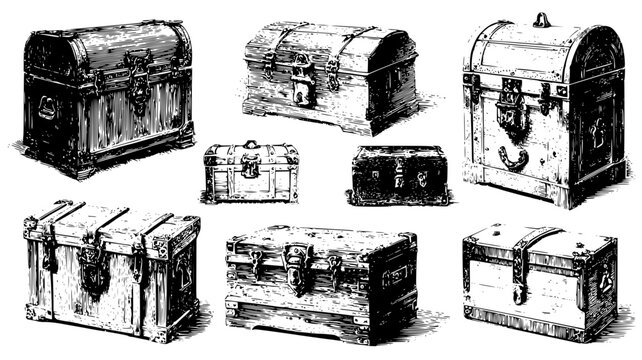 Wooden chest collection featuring iron locks and riches, vectorized collection
