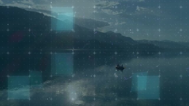 Pair in skiff watching HUD activating, animating panels, fading, revealing lake for navigation