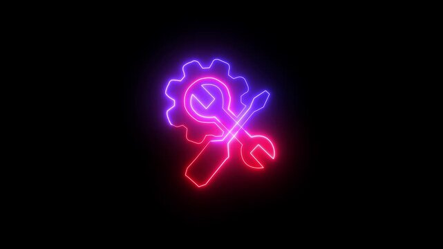 Neon crossed tools and sitting icon, neon , icon, video and tools sitting icon on black color background.