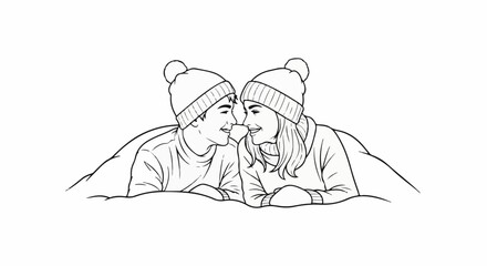 Obraz premium Couple in winter hats snuggled together under blankets, looking lovingly at each other
