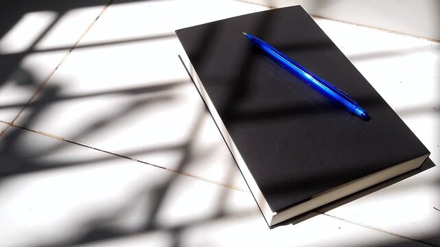 Black Book with Blue Pen on Floor in Bright Afternoon Sunlight Shadows