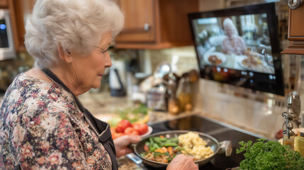 Grandmother video calling family on wall-mounted smart display while preparing traditional meal in updated kitchen equipped with voice-activated assistive devices, demonstrating ag