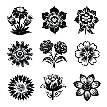 Black and White Flower Silhouette Vector Illustration, Hand Drawn Style