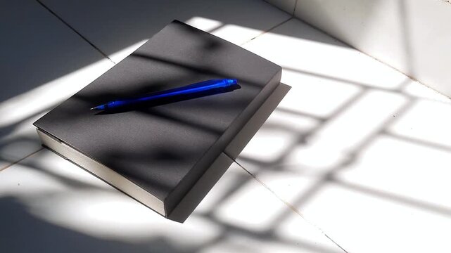 Black Book with Blue Pen on Floor in Bright Afternoon Sunlight Shadows