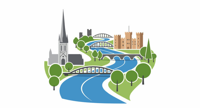 Stylized illustration of a river with bridges, a castle and a church