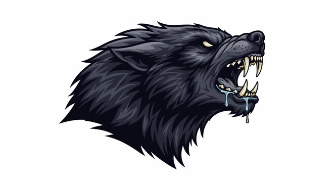 Ferocious black wolf head with bared teeth and drool