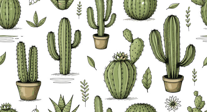 Hand drawn cactus seamless pattern vector with potted desert plants sketch style botanical illustration isolated on white background