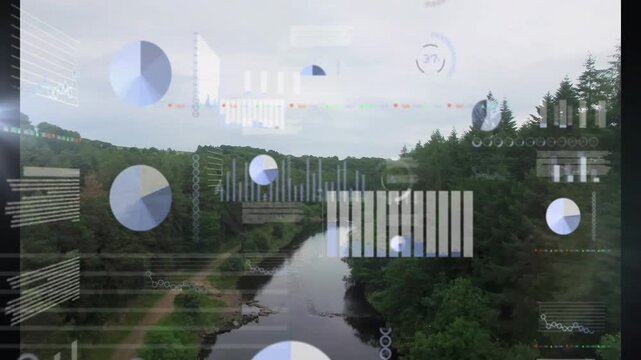 Camera advancing over river channel, HUD graphs and pie charts showing river metrics for monitoring