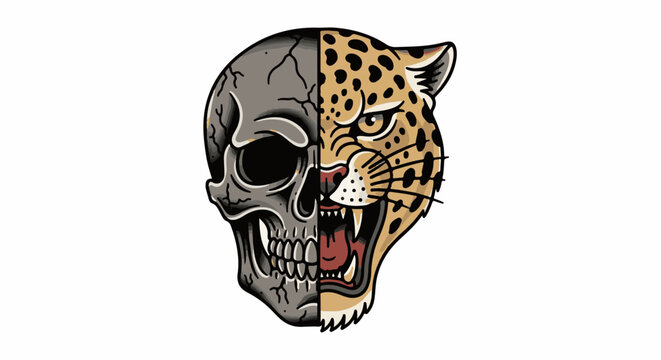 Dual-faced creature, half skull, half roaring leopard, stylized
